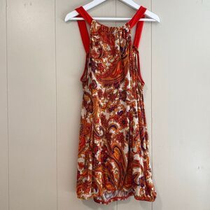 Twentyone Boho Paisley Halter Top | Red Orange Floral Print Summer Dress Size S